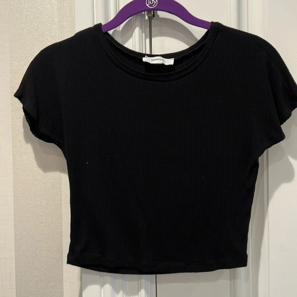 Hashtag Black Ribbed Crop Tee